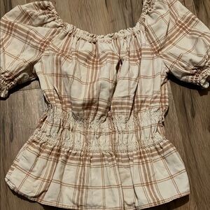 Wonder Nation Cream and Brown Plaid Smocked Blouse